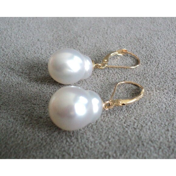 Big Luminous Baroque PEARL EARRINGS 14K Yellow GOLD Lever Back 1.25" Dangle - Picture 6 of 8